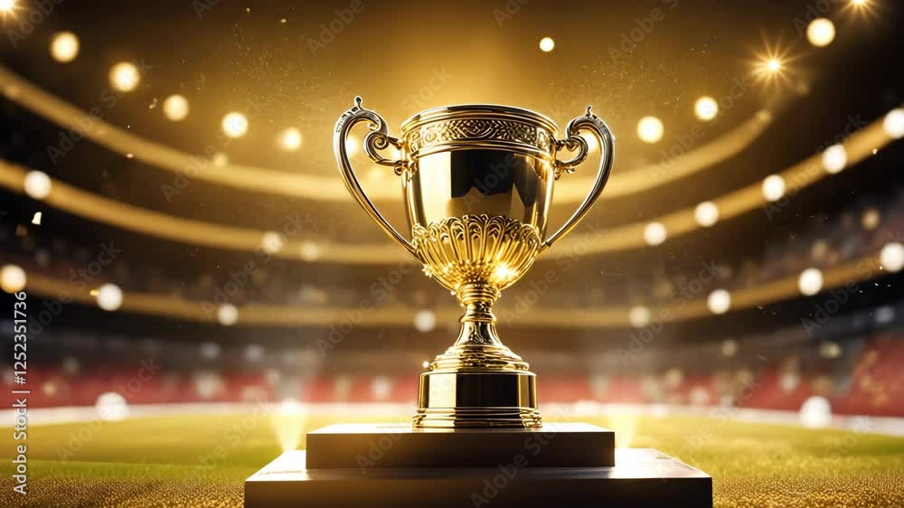 Gleaming gold winner cup on blurred background. Sport competition, football championship