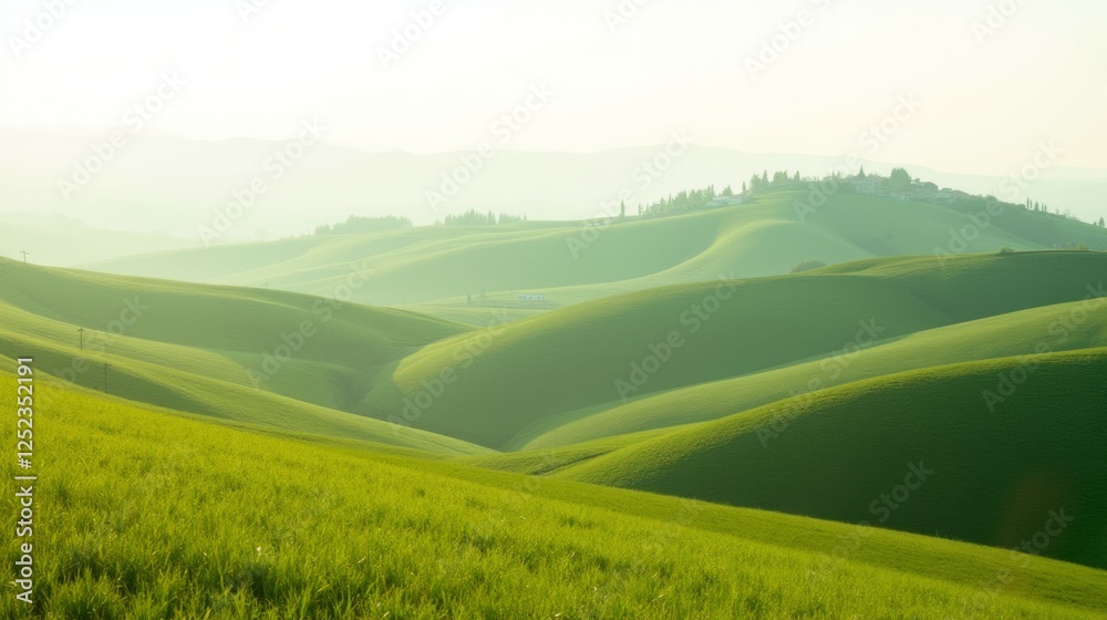 Obraz premium Lush Green Rolling Hills under Soft Morning Light in Tuscany Landscape