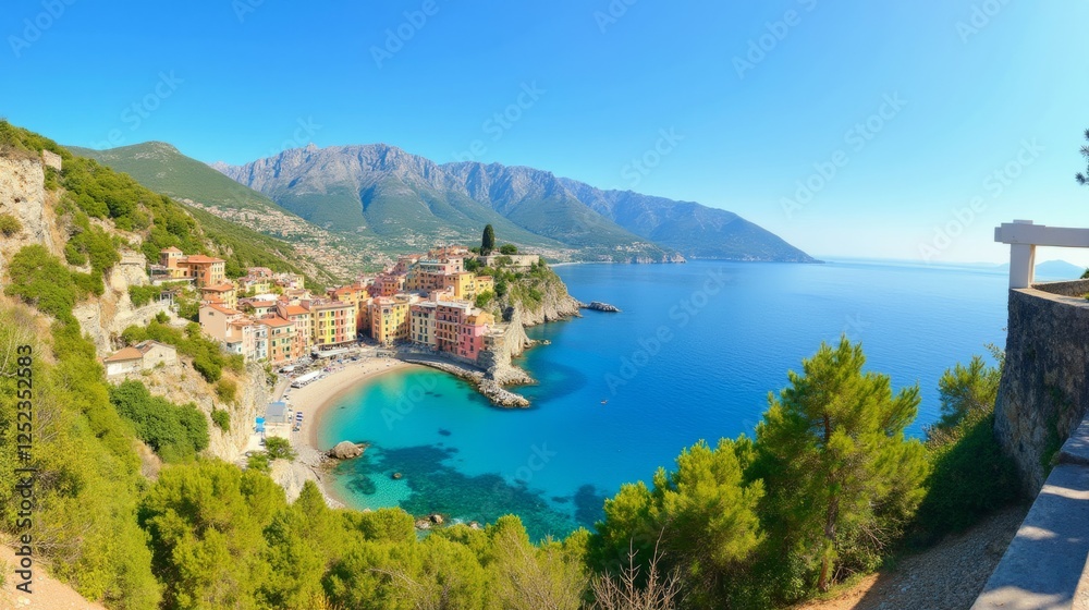 Scenic Coastal View of Mediterranean Town with Clear Blue Water