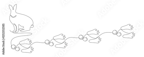 Hare and tracks, drawn with continuous line in minimalism, abstract, hare feet steps, rabbit paw silhouettes stamps, trace of running or walking animal, one line, editable vector contour