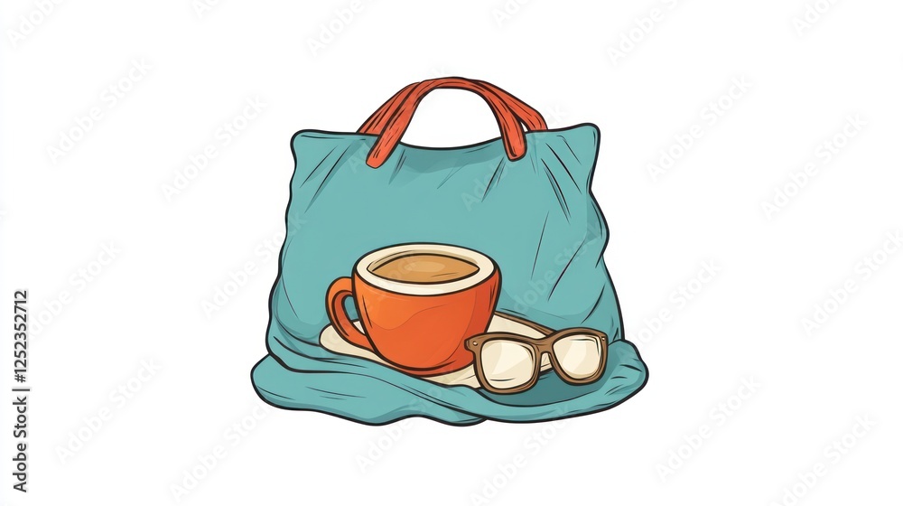 Coffee cup, glasses on napkin, inside teal reusable shopping bag Coffee cup, glasses on napkin, inside teal reusable shopping bag