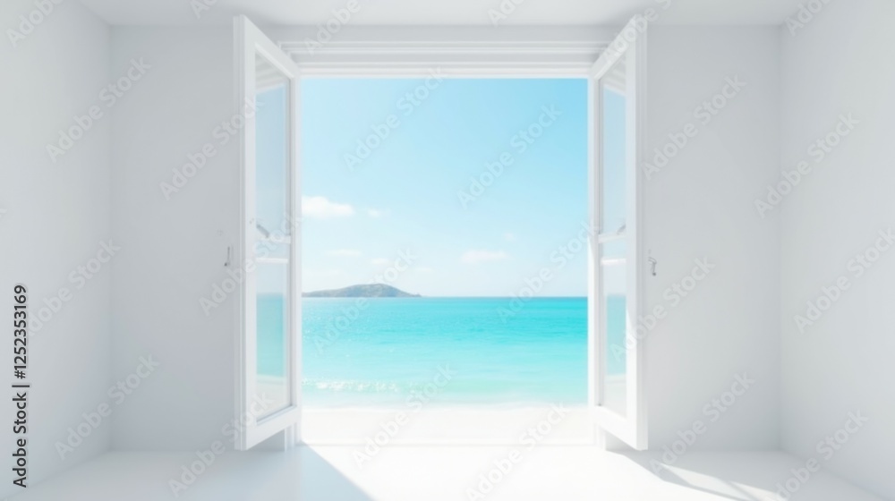 Bright Room with Open Windows Overlooking Serene Ocean View Bright Room with Open Windows Overlooking Serene Ocean View