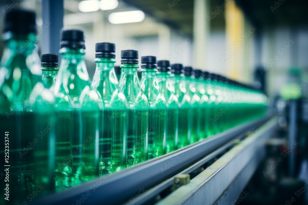 Line of plastic bottles on a assembly line Line of plastic bottles on a assembly line