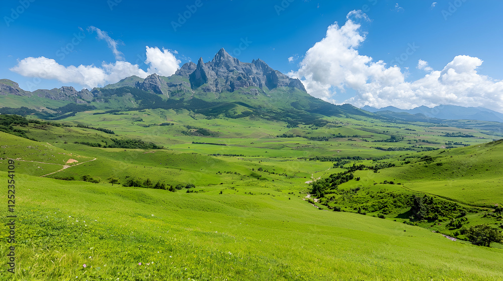 Fototapeta premium Majestic mountain range under sunny sky, green valley, travel poster