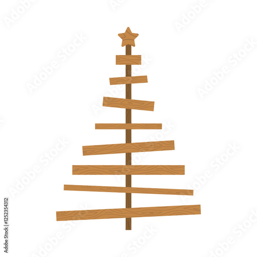 Handmade Christmas Tree. Christmas tree made of wooden planks. Zero waste holiday ornaments. Ecological seasonal decoration. Vector illustration in flat cartoon style.