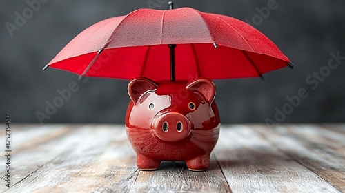 Red piggy bank protected by umbrella on wood. Financial security concept