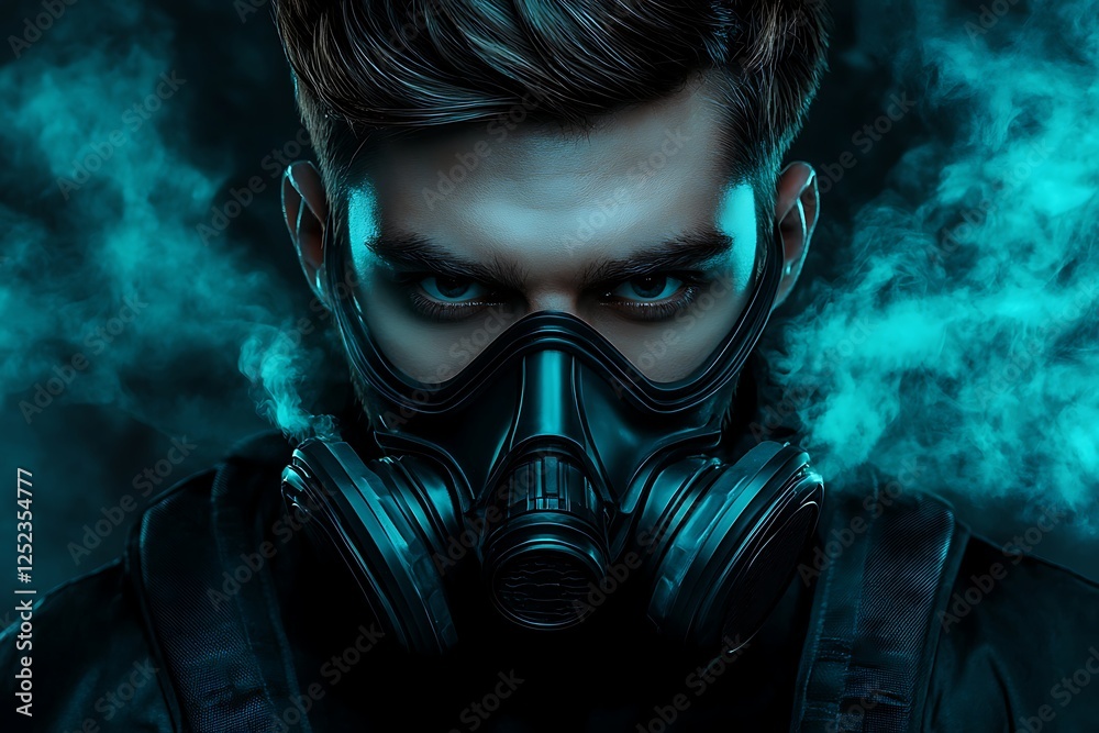 Handsome man wearing a futuristic breathing mask, sci-fi aesthetic Handsome man wearing a futuristic breathing mask, sci-fi aesthetic
