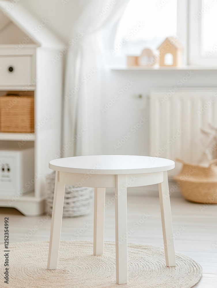 Fototapeta premium Elegant white table sits atop a circular woven rug, bathed in soft natural light within a serene room.