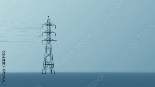 High-voltage electricity pylon standing tall against a muted, hazy sky, conveying a sense of industrial strength and power transmission infrastructure