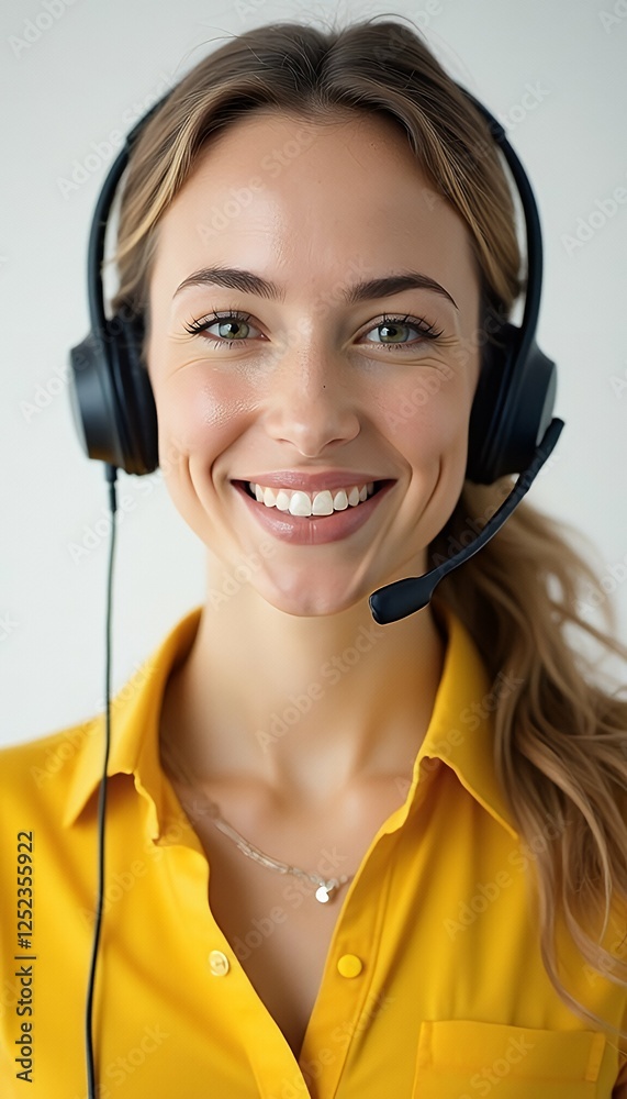 white aring call woman center smiling adset shirt yellow background a call center operator woman service support headset business female microphone smiling young portrait standing assistance job
