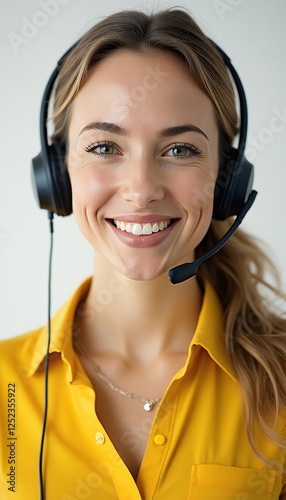 Obraz na płótnie white aring call woman center smiling adset shirt yellow background a call center operator woman service support headset business female microphone smiling young portrait standing assistance job w salonie