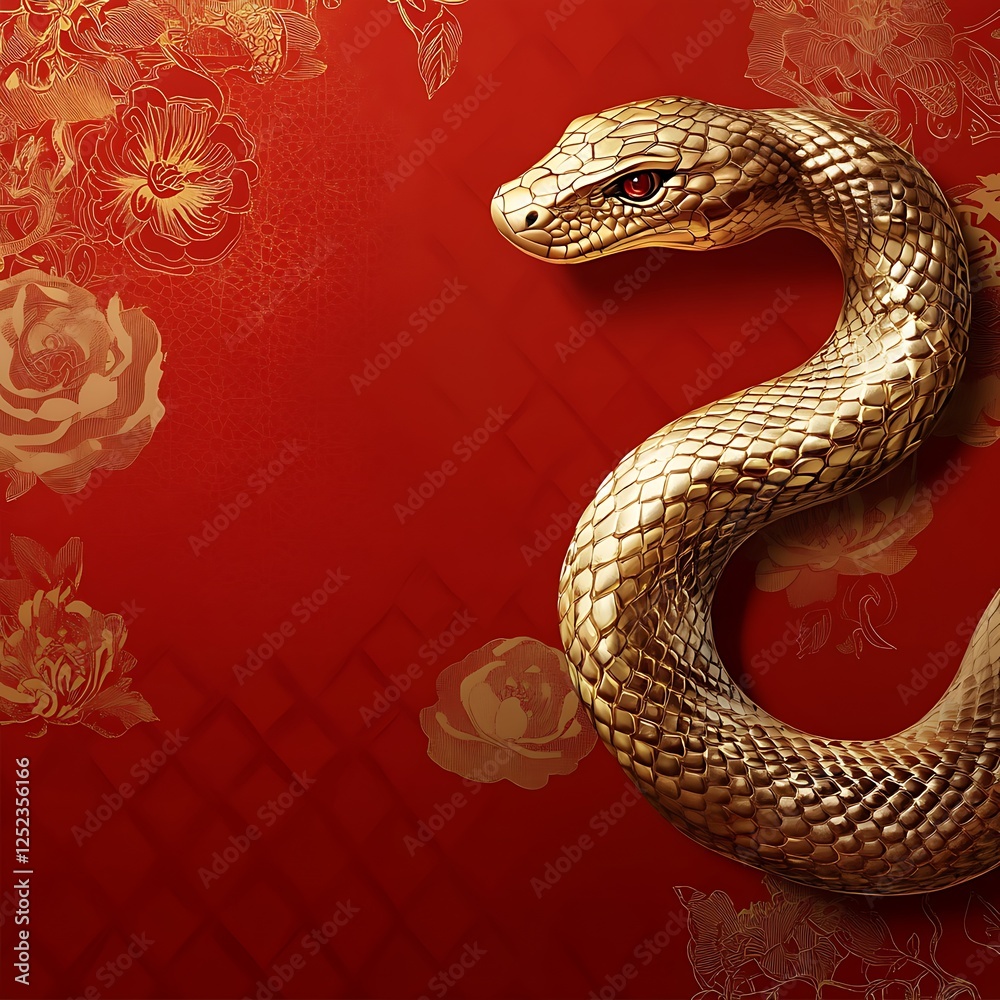 Fototapeta premium Golden snake on red background