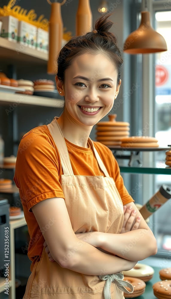 shop store cheerful proudly working owner happy smiling small bakery female shop baker woman portrait bakery shop owner baker bread pastry food store retail baked product seller selling manufacturing