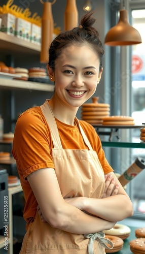 Obraz na płótnie shop store cheerful proudly working owner happy smiling small bakery female shop baker woman portrait bakery shop owner baker bread pastry food store retail baked product seller selling manufacturing w salonie