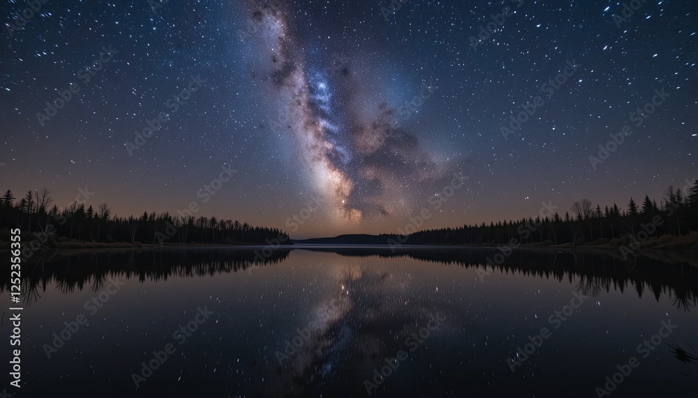 Wide-angle view milky way over serene waters Wide-angle view milky way over serene waters