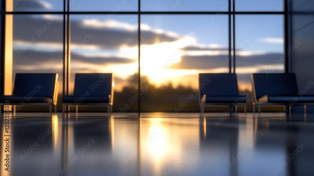 Fototapeta premium Serene Sunset Airport Lounge Chairs Reflecting Warm Light. AI Generated