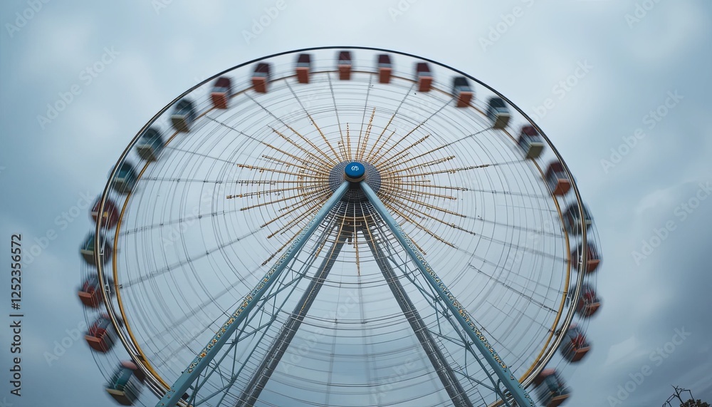 Spinning ferris wheel amusement park gigapixel cgi overcast sky wide-angle view fun and excitement Spinning ferris wheel amusement park gigapixel cgi overcast sky wide-angle view fun and excitement