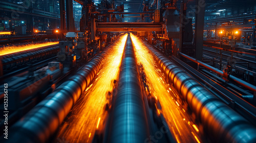 A hydraulic press shapes large steel sheets in a factory, symbolizing strength, precision, and industrial power. The modern bright tone and blurred background evoke innovation, efficiency, and progres photo