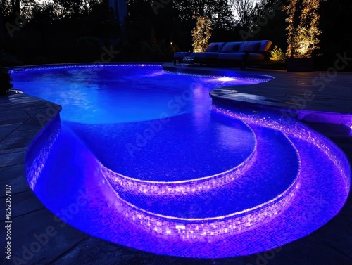 Nighttime pool, illuminated steps, backyard oasis, relaxing ambiance, luxury real estate photo