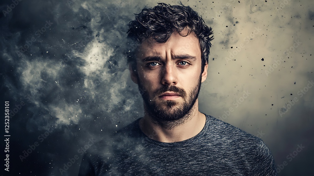 Man’s face obscured by abstract dust swirls, moody and atmospheric Man’s face obscured by abstract dust swirls, moody and atmospheric