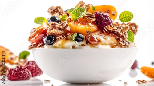 Delicious yogurt parfait glows brightly with fresh berries and granola. AI Generated photo