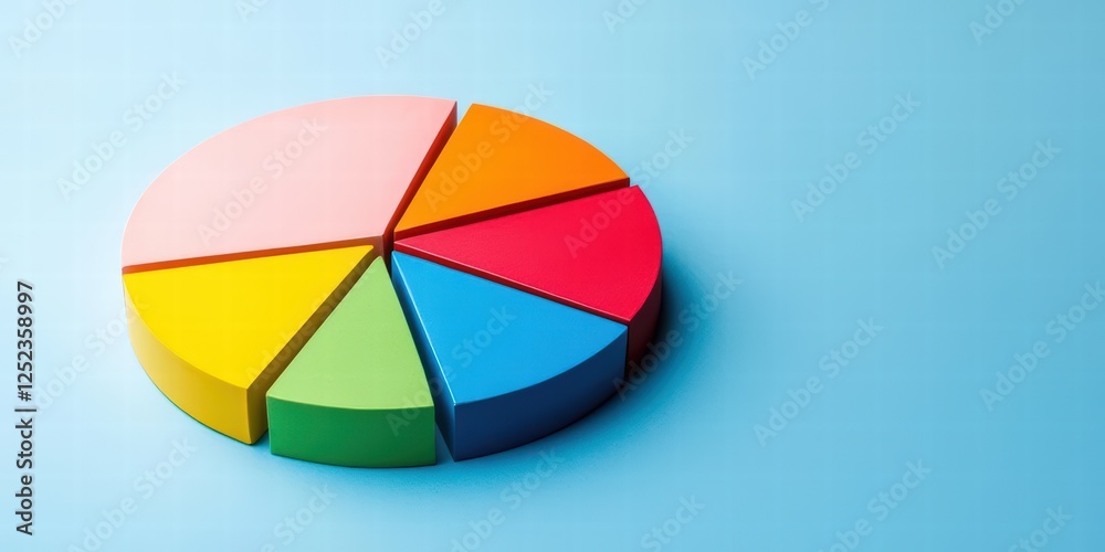 Obraz premium A colorful pie chart displayed on a blue background, representing data visually with segmented sections in various colors.