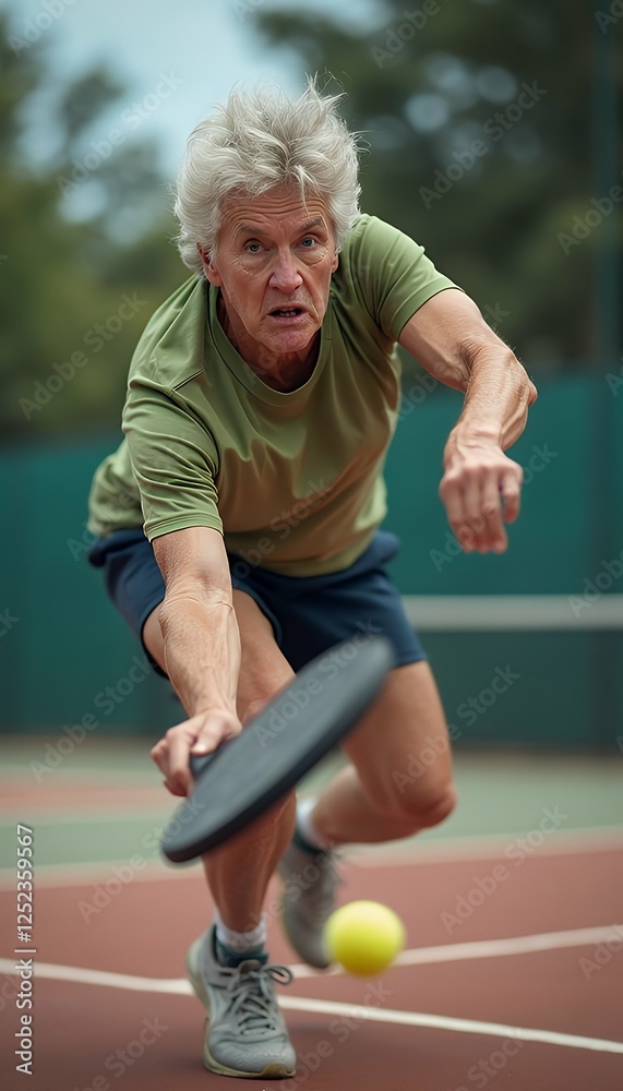 mid space ball air hit copy pickleball attempting shot senior player action senior ball older sport action competition game paddle sport athlete court exercise match lifestyle tournament leisure net