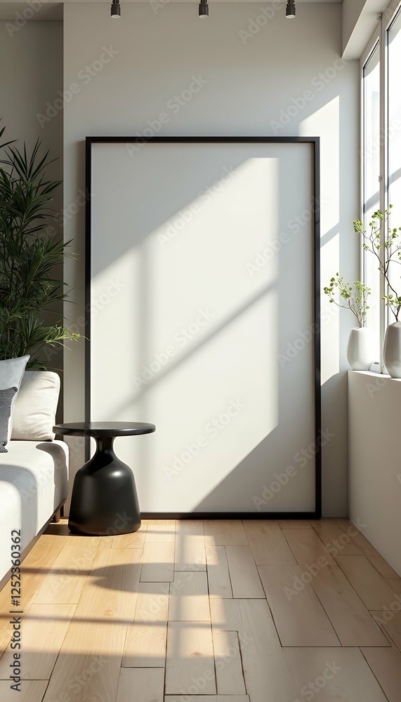 render light black interior frame mockup coastal pastel background room 3d furniture colors style frame sunbeam commode black table console wall poster empty picture blank room photo interior wooden