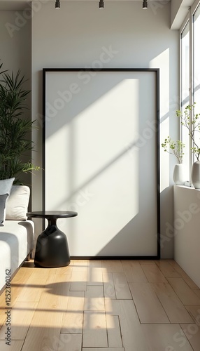 Obraz na płótnie render light black interior frame mockup coastal pastel background room 3d furniture colors style frame sunbeam commode black table console wall poster empty picture blank room photo interior wooden w salonie