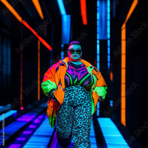 Genderfluid Plus-Size Model on Neon Cyberpunk Runway photo