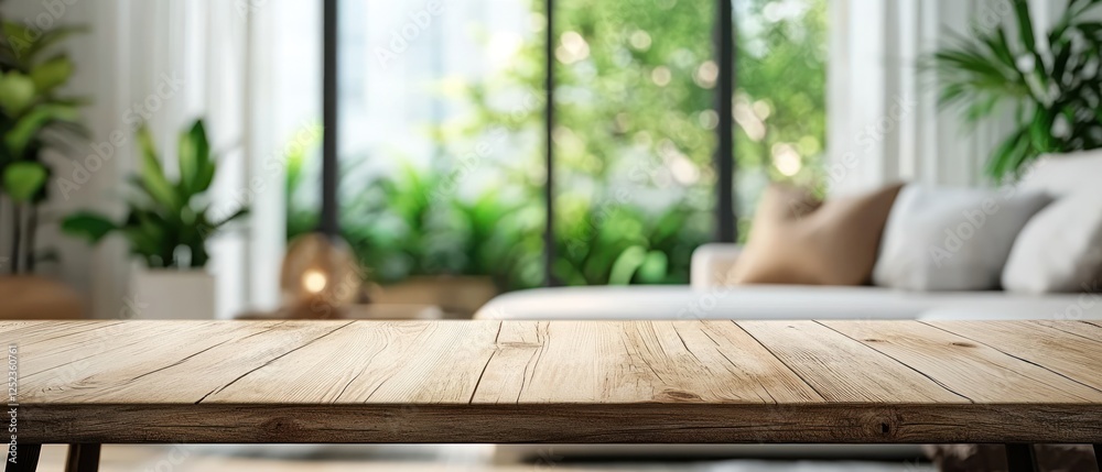 beautifully arranged wooden table in a bright, modern living room filled with lush green plants and soft furnishings, creating a serene atmosphere beautifully arranged wooden table in a bright, modern living room filled with lush green plants and soft furnishings, creating a serene atmosphere