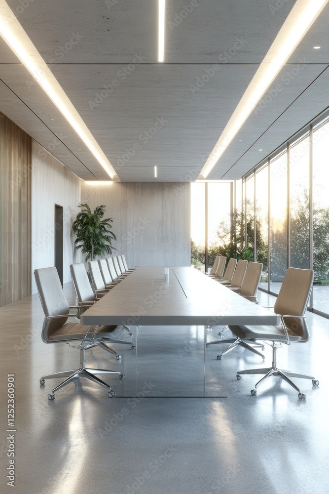 Fototapeta premium Modern conference room, sunset view, meeting table, chairs, minimalist design; business meeting