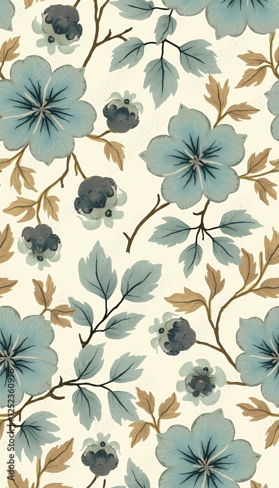 botanical serene pattern blackberry floral pale wallpaper repeating seamless version gold vines turquoise victorian wedding seamless pattern design texture tile blue wall illustration background