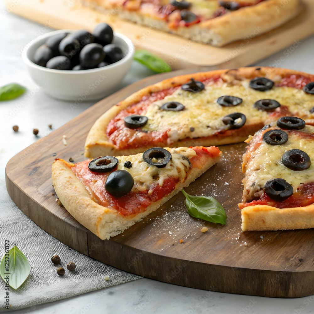 whole and a slice of olive pizza on a wooden board whole and a slice of olive pizza on a wooden board