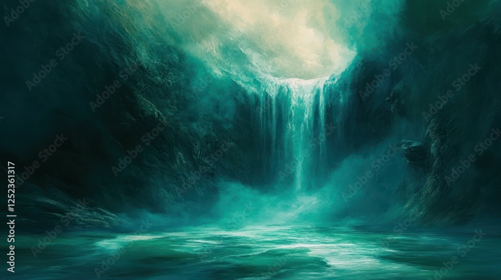 Naklejka premium Enchanting waterfall cascades into mystic pool, dark cliffs backdrop