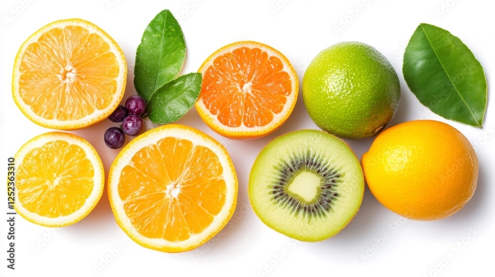 Assorted Fresh Citrus Fruits Sliced on White Background. Generative AI Assorted Fresh Citrus Fruits Sliced on White Background. Generative AI