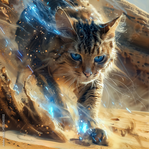 majestic cat with piercing blue eyes runs through sandy landscape, surrounded by magical aura of light and energy. scene captures blend of realism and fantasy, evoking sense of wonder and