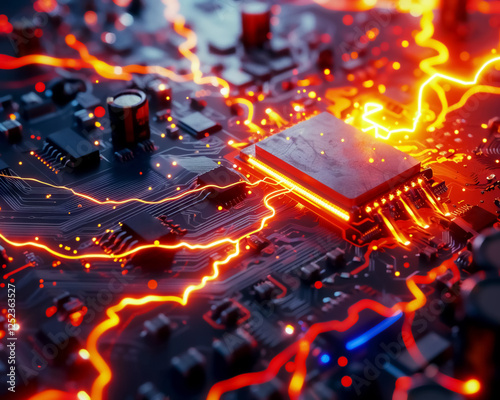 close up view of circuit board with glowing connections and components, showcasing intricate design and technology of electronics. vibrant colors create dynamic and energetic atmosphere