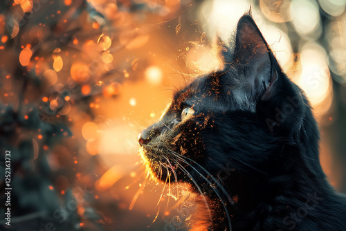 graceful black cat gazes thoughtfully against warm, golden background, capturing moment of serene beauty. soft bokeh enhances enchanting atmosphere