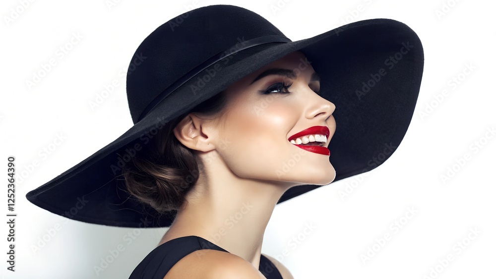 Fashion Smile pretty woman with red lips wearing a black hat over a white background
