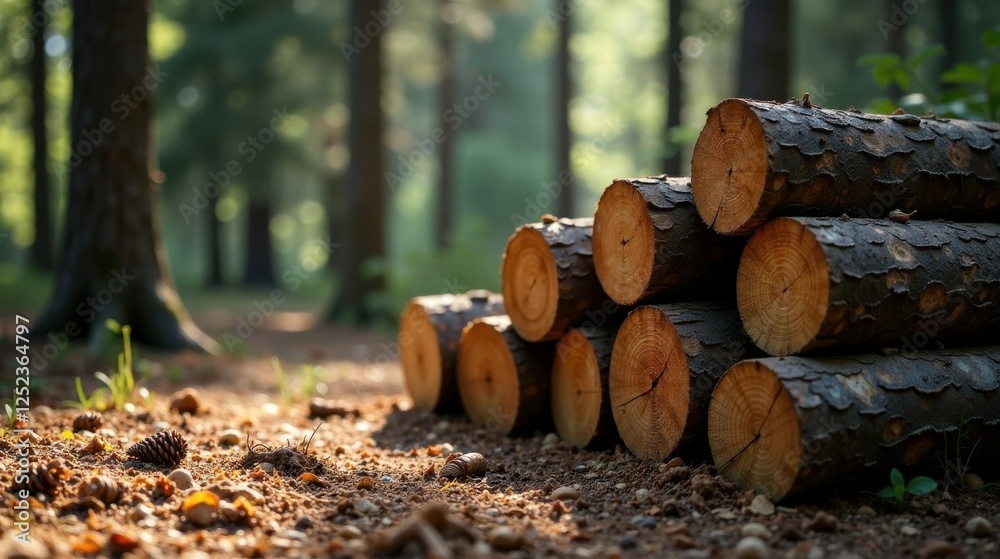 Stack of freshly cut logs in a sun-dappled forest setting, showcasing the natural beauty of wood and the forest floor Stack of freshly cut logs in a sun-dappled forest setting, showcasing the natural beauty of wood and the forest floor