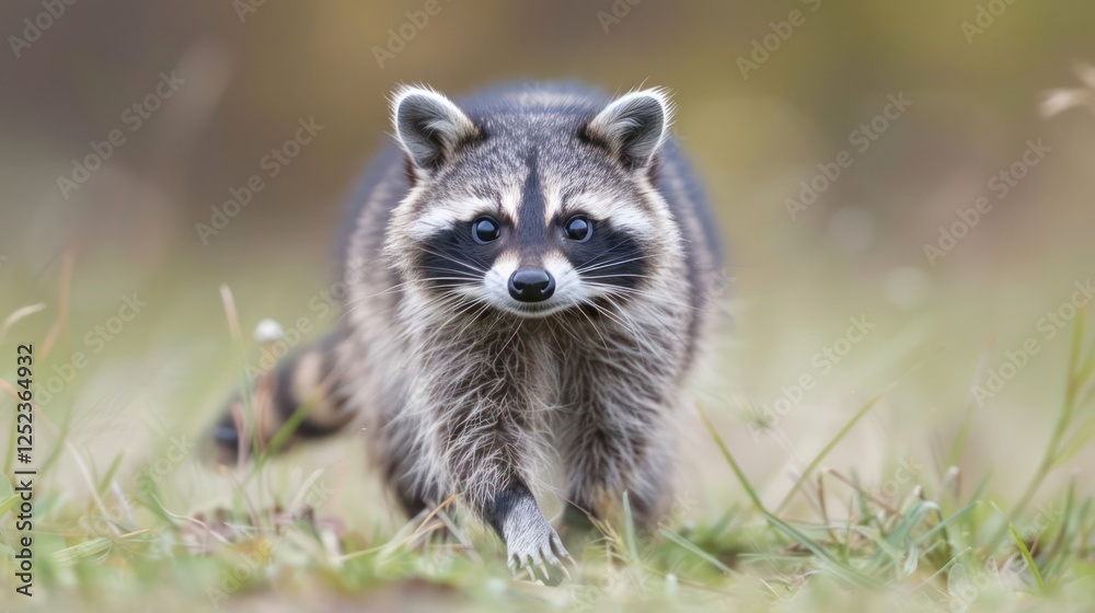 Fototapeta premium A raccoon walking through a grassy area, showcasing its distinctive features.