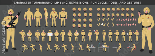 
Police Officer Character Design Model Sheet. Man, Character design. Front, side, back view and explainer animation poses. Character set with lip sync and facial expressions of Happy, angry, sad, Joy.