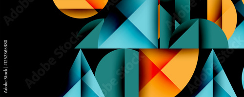 Abstract geometric background with layered gradient shapes forming dynamic patterns. Overlapping semi circles and triangles create depth and contrast