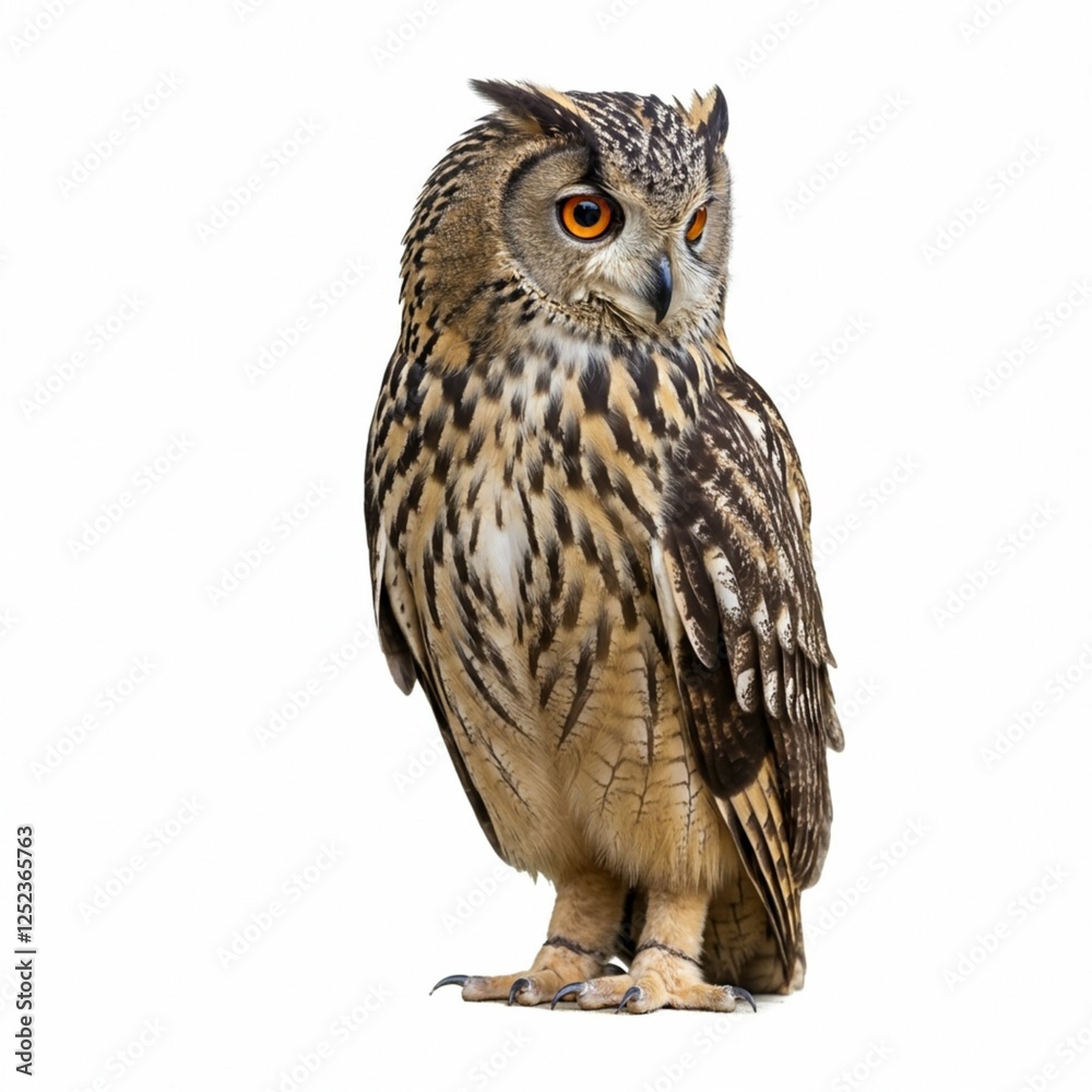 Fototapeta premium Portrait of Eurasian Eagle-Owl, Bubo bubo, a species of eagle owl, standing in front of white background 