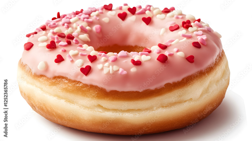 A friendly donut with pink frosting and heart-shaped sprinkles