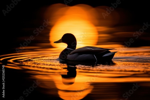 Duck swims on water during sunset, orange reflection; ideal stock photo photo