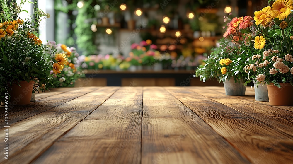 Fototapeta premium Modern wooden surface with out-of-focus background of a bright flower store filled with fresh greenery