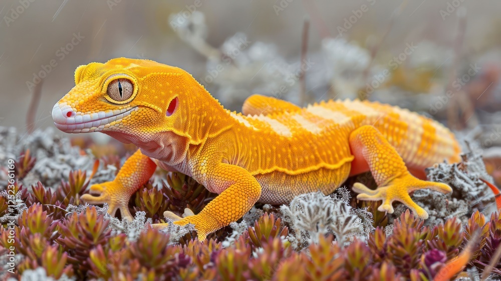 Obraz premium Vibrant orange gecko perched on lush mossy ground amidst a serene natural backdrop