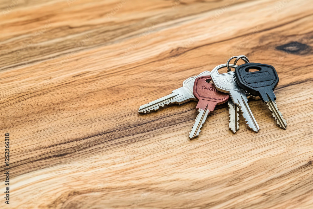 Wooden House Keychain with Silver Key on Wooden Surface Wooden House Keychain with Silver Key on Wooden Surface